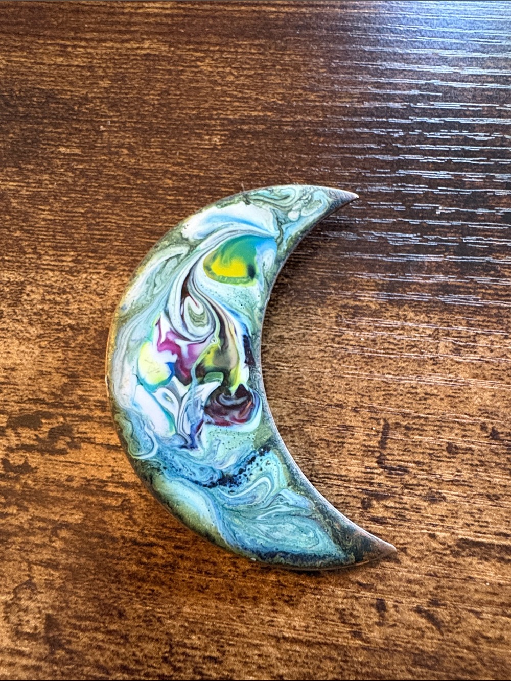Handcrafted Crescent Moon Brooch- Teal Green and Multicolor